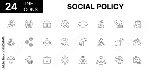 Collection of 24 Social policy line icons featuring editable strokes. These outline icons depict various modes of Social policy, welfare, health, public, work, law, safety, home, vector, education, so