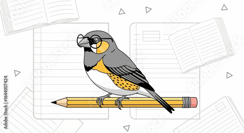 Bird with glasses perched on a pencil, surrounded by school supplies, representing education and intelligence