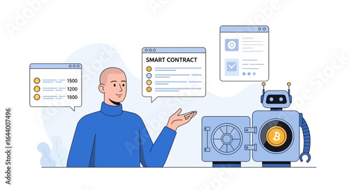 Blockchain technology and smart contracts concept illustration for secure transactions and automation of digital agreements