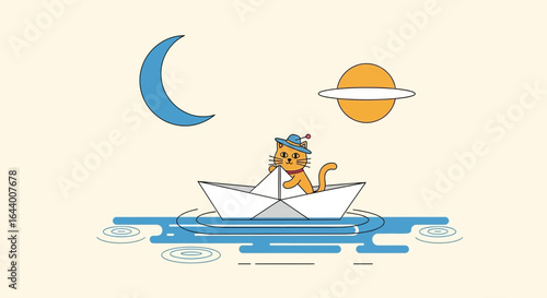Cartoon cat wearing hat sails on a paper boat under moon and planet illustration