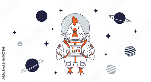 Cartoon chicken astronaut surrounded by planets and stars in outer space