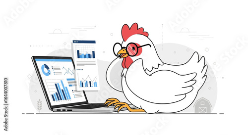 Cartoon chicken analyzing data on a laptop, depicting modern farm management and agricultural technology with humor and simplicity