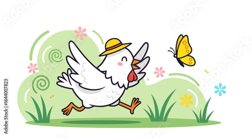 Cartoon chicken chasing a butterfly in a whimsical field of flowers illustration
