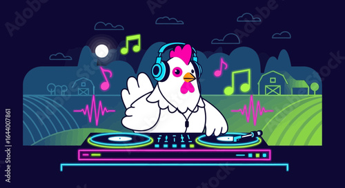 Cartoon chicken DJ mixing music with record player in neon lights, barn backdrop