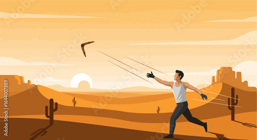 Boomerang throw in the Australian Outback Illustration, desert adventure scene, landscape with man silhouette and flying boomerang art