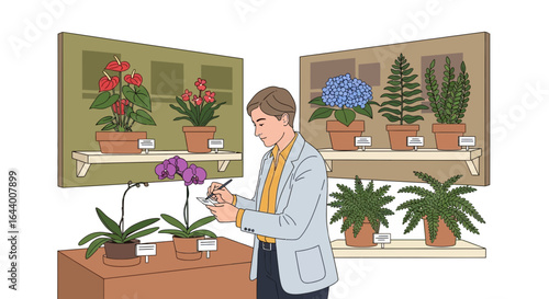 Botanical Enthusiast Cataloging Plant Varieties in a Flower Exhibition or Garden Center Setting