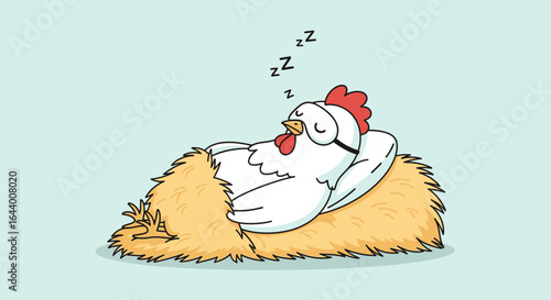 Cartoon Chicken Sleeping Peacefully in a Nest with a Sleep Mask and Zzz's Floating Above Its Head