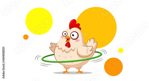 Cartoon chicken spinning hula hoop with colorful circles on a white background illustration