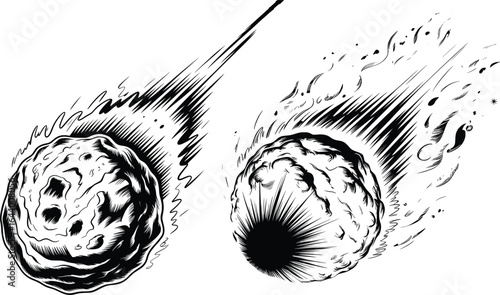Meteor Fireball Vector, Falling Asteroid Space Illustration.