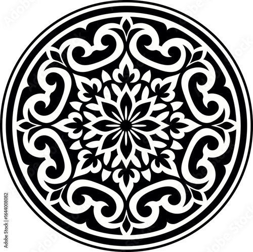 Black and white circular ornamental mandala pattern with floral elements vector