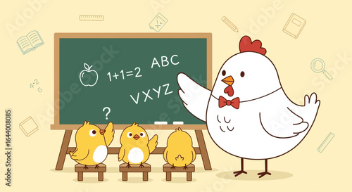 Cartoon chicken teacher educating chicks at a blackboard with mathematical equations and letters in a light pastel setting