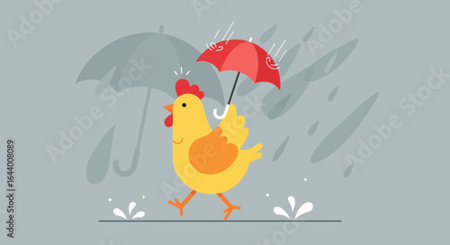Cartoon Chicken Under Red Umbrella Enjoying Rainy Weather in a Fun Illustration