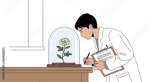 Botanist meticulously examining a rose specimen under glass dome in laboratory setting