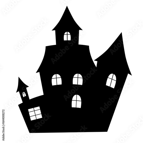 Black silhouette of a castle with windows and towers on Halloween night. Vector illustration.