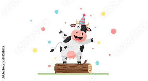 Cartoon Cow Celebrating a Birthday on a Log with Confetti Illustration Celebration Fun