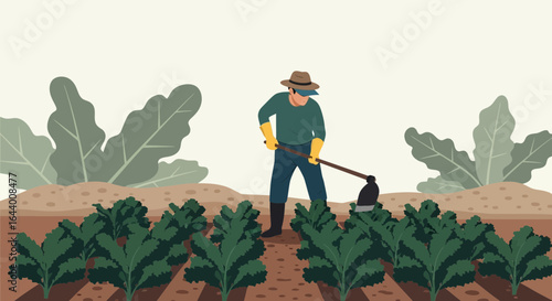 An illustration of a farmer tending to his field of crops with a hoe farming process