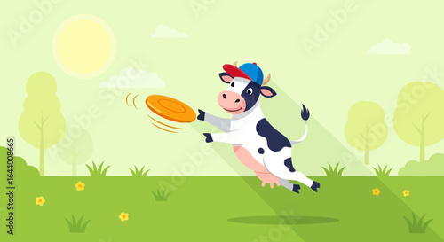 Cartoon cow having fun playing frisbee in a vibrant and scenic summer landscape