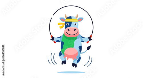 Cartoon cow jumping rope for fitness, depicting a healthy and active lifestyle suitable for children and families