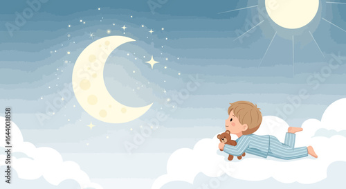 Boy dreaming on a cloud with teddy bear gazing at the moon and stars in sky