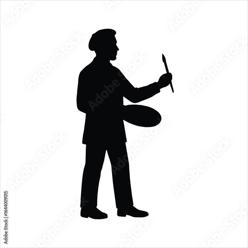 Silhouette of an artist painting on a canvas with brush and palette isolated on white background