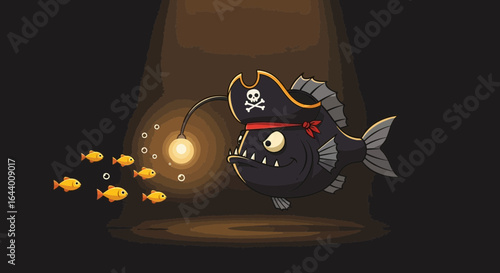 Anglerfish pirate with glowing lure leading school of small fish cartoon illustration