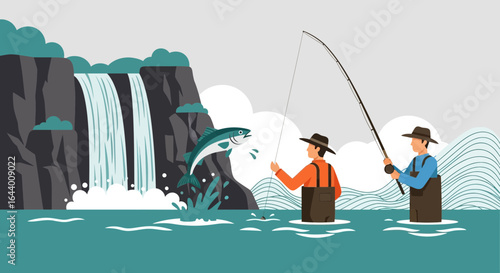 Anglers Enjoying a Day of Fishing by Waterfall with a Jumping Fish illustration