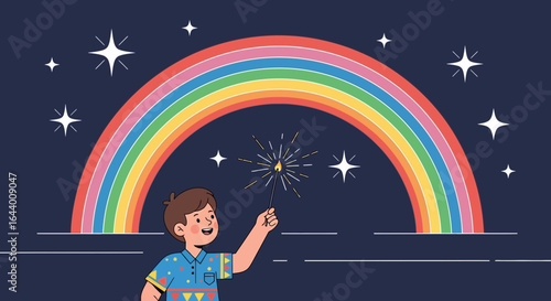 Boy Enjoying Sparkler Under Colorful Rainbow and Starry Night Illustration