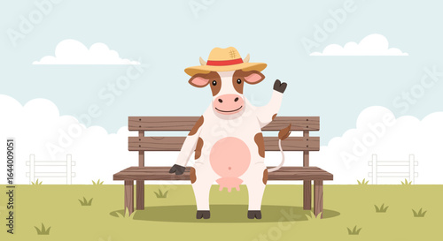 Cartoon Cow Resting on a Bench in a Countryside Scene with Blue Sky and Clouds Illustration
