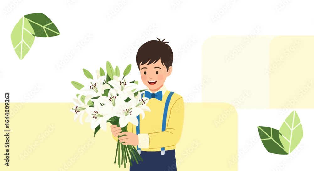 Boy in Yellow Shirt Holding White Lilies Bouquet with Elegance and Charm for Special Occasion Boy in Yellow Shirt Holding White Lilies Bouquet with Elegance and Charm for Special Occasion
