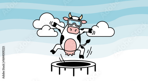 Cartoon cow wearing goggles happily jumping on trampoline with cloud background illustration