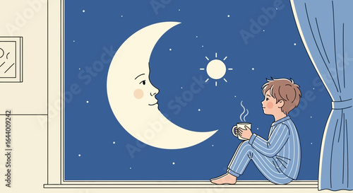 Boy in pajamas by the window at night illustration, gazing at the moon and stars with a cup