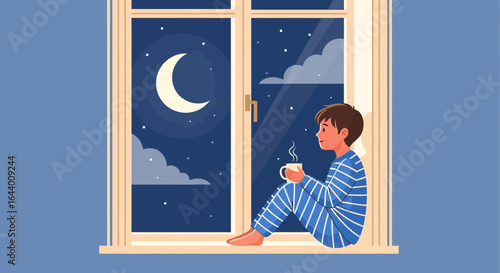 Boy in pajamas looking out window at night with moon and stars and hot drink