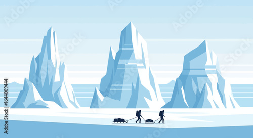 Antarctic expedition vector illustration with explorers traversing the icy terrain with their sleds navigating through towering icebergs