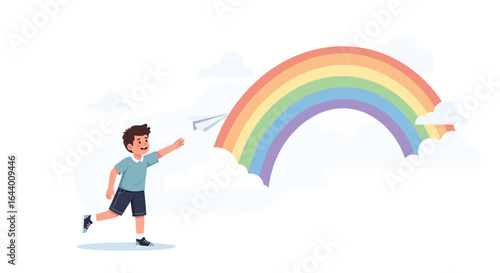 Boy launching paper airplane towards a vibrant rainbow on a sunny day full of dreams and imagination