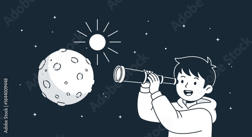 Boy Looks At The Moon With Telescope Illustration In Space Exploration