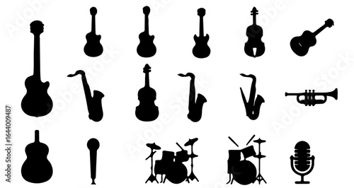 Musical instruments solid black glyph icons set, vector pictograms representing various types, simple flat design for modern visual elements.
