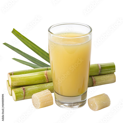 Refreshing sugarcane juice in glass with fresh sugarcane sticks on white background isolated view