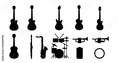 Musical instruments solid black glyph icons set, vector pictograms representing various types, simple flat design for modern visual elements.