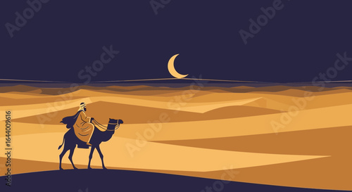 Arabian Nights Journey: A Bedouin on Camel Amidst the Sandy Desert Dunes at Night