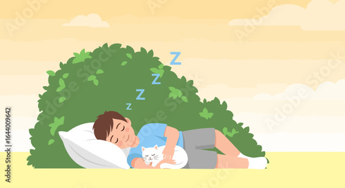 Boy peacefully sleeping with cat under a tree illustrating a serene scene of rest and relaxation outdoors