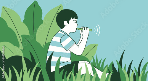Boy playing flute sitting among lush green plants a serene illustration of youthful joy and nature's melody