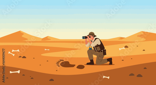 Archaeologist in the desert looking through binoculars at prehistoric fossils and footprints in a vast and sandy landscape