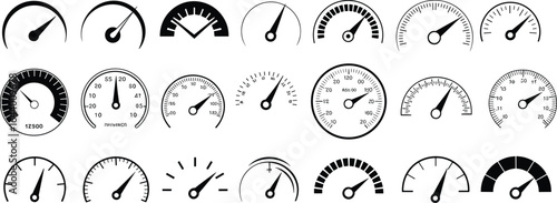 Set of black and white speedometer and gauge icons with needles indicating various levels, a flat vector illustration collection