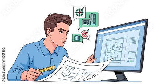 Architect reviewing blueprints and planning goals for building construction projects with technology
