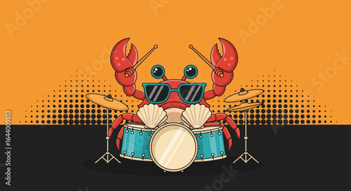 Cartoon crab playing drums with sunglasses, a cool beach musician, on orange and black background