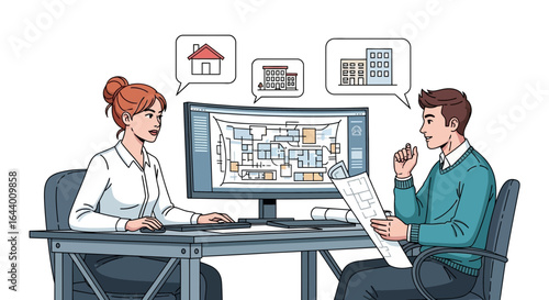 Architects collaborating on building design using computer aided design software in office