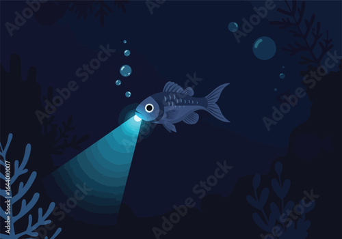 Deep-sea fish illuminating the mysterious dark ocean with its bioluminescent eye, a beacon of light discovering the hidden wonders of the abyss.