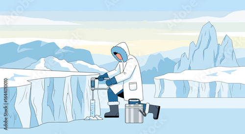 Cartoon depicting climate scientist drilling ice core sample in arctic landscape showing climate research in progress