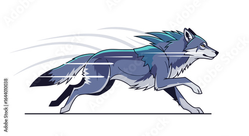 Cartoon depiction of a dynamic wolf in full stride expressing its speed and power