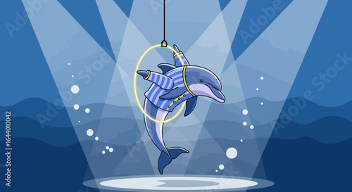 Cartoon depiction of a dolphin performing acrobatic tricks under spotlights in the sea show